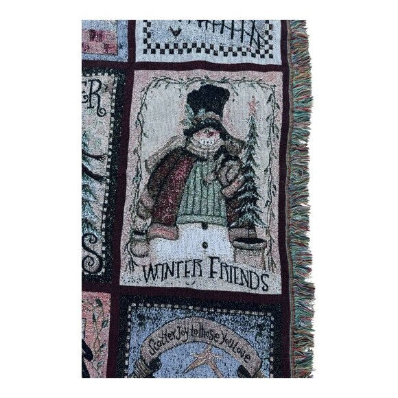 Snowman Winter Tapestry Throw Blanket 58" X 41" Woven Fringed Edges Christmas De - Picture 8 of 11